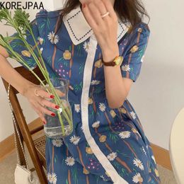 Korejpaa Women Dress Summer Korean Chic Vintage Elegant Lapel Single Breasted Small Flowers Print Waist-slim Long Dresses 210526