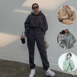 2 piece set tracksuit womens sports outfits hoodies pants suit winter spring sweatshirts pullover home sweatpants solid casual 210930