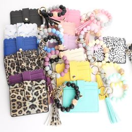 PU Leather Bracelet Wallet Keychain Tassels Bangle Key Ring Holder Card Bag Silicone Beaded Wristlet Keychains Handbag RRA