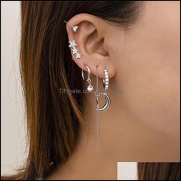 Stud Earrings Jewelry European Crystal Star Moon Alloy C-Shaped Long Tassel Line Ear Buckle Women Retro Diamond Gold Sier Sets Drop Delivery