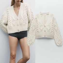 Za 2021 Jewelry Buttons White Sweater Cropped Knitted Cardigan Sweater Women Autumn Long Puff Sleeve V Neck Oversized Cardigan 210218