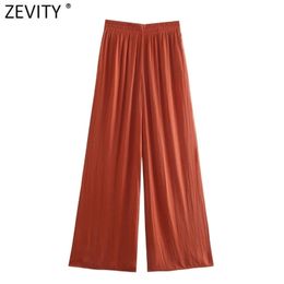 Zevity Women Fashion Solid Colour Pleats Wide Leg Pants Female Chic Elastic Waist Side Pockets Casual Summer Long Trousers P1142 211115