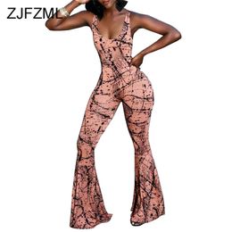 Sexy Club Printed Flare Jumpsuit Women Backless Plus Size One Piece Bodysuit Elegant Summer Sleeveless Skinny Party Overalls 210317