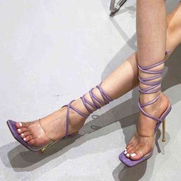 Женские сандалии на высоком каблуках, прозрачные высокие каблуки, с металлическим крестом ремешком, фиолетовый, 42