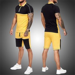 Mens Short Tracksuit Set Colorblock 2 Piece Sweatsuits Male Sets Summer Casual Clothes Lapel Shirt and Shorts Polo Sweat Suit 210806
