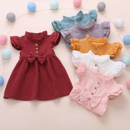 Citgeett Summer Solid Toddler Kids Baby Girl Solid Linen Button Ruffle Princess Party Dress Casual Clothes Q0716