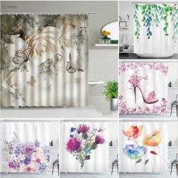 Roses Butterfly Flower White Shower Curtains Printed Floral Leaf Waterproof Polyester Bathroom Curtain Fabric for Bathtub Decor 211116