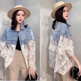 Summer Cutout Short Denim Jacket Women Loose Lace Splice Thin Sun Protection Clothes Ladies Plus Size H243 210922