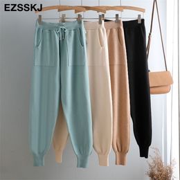 loose Women Elastic Waist Drawstring Trousers Thick Knitted Harem Pants Autumn Winter Sport pants sweater Carrot 211124