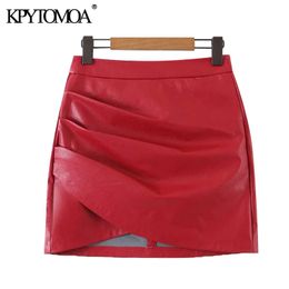 KPYTOMOA Women Chic Fashion Faux Leather Pleated Asymmetrical Mini Skirt Vintage High Waist Back Zipper Female Skirts Mujer 210309