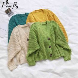 PEONFLY Korean Style Knitted Sweater Cardigan Long Sleeve Single Breaster Female Cardigan Solid Sweaters Sueter Mujer 210914