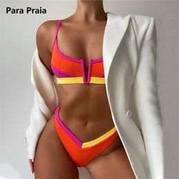 Para Praia V-neck Sexy Bikini Set Two Piece Swimsuit for Women Swimwear Patchwork Brazalian Bathing Suit Summer 210611