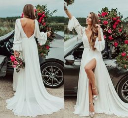 Sexy V-Neck beach Bohemian Wedding Dresses Long Flare Sleeve High Split Backless Chiffon Boho Country Bridal Wedding Dress