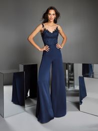 Elegant Dark Navy A Line Evening Jumpsuits Lace Applique V Neck Floor Length Chiffon Illusion Back Formal Jumpsuits Prom Gowns Par238s