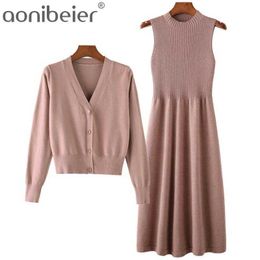 Two Piece Sets For Women Autumn Winter Sweater Suits Long Sleeve Dress Office Ladies Cardigan 210604