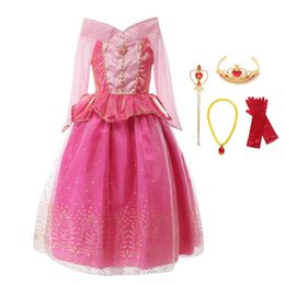 Cosplay Sleeping Beauty Aurora Dress Princess Costume Fancy Dresses Children Sequins Rose Ball Gown Kids Halloween Party Costume 210317