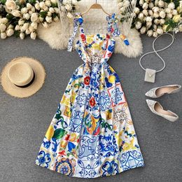 Fashion Runway Summer Dress 2021 New Women's Bow Spaghetti Strap Backless Blue and White Porcelain Floral Print Long Dress 210316