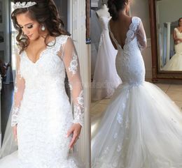 2022 Vintage Appliques White Wedding Dresses With Sheer Long Sleeves V Neck Tulle Mermaid Bridal Gowns Sweep Train Custom Made BC10564