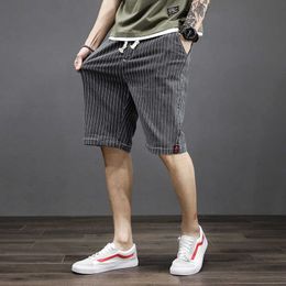 331 Men Summer Fashion Japan Style Cotton Striped Elastic Waist Drawstring Male Casual 7XL Large Size Classical Denim Shorts 210714