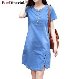 Korean Plus Size Denim Dress For Women Summer Dress Casual With Button Pocket Sexy Mini Jeans Dress 3xl 4XL BOodinerinle 210630