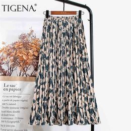 TIGENA Leopard Print Long Maxi Pleated Skirt Women Fashion Summer Korean Elastic High Waist Aesthetic Chiffon Skirt Female 210730