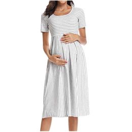 Causal Woman Maternity Nursing Dress O-neck Stripe Short Sleeve Breast-feeding Pregnant Maternity Clothes Zwangerschaps Kleding