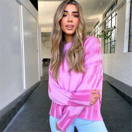 Fashion England High Street Casual Style Pink Sweaters Plus Size Warm Loose Fall Halloween Graffiti Sweater For Women 210922