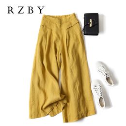 Summer Women Aesthetic Style Elastic Waist Solid Pants All-matched Casual Wide Leg Cotton Linen Loose Pantalon RZBY260 211124