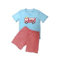 Summer Clothes Blue Short Sleeve Top And Red Plaid Shorts Red Plaid Fire Truck Embroidery Pattern Boys Clothes X0802