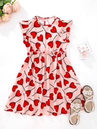 Girls Heart Print Ruffle Trim Dress SHE