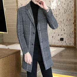 Men's Trench Coats 2021 Autumn Winter Jacket Men Fashion Business Woolen Mid-length Coat Casual Slim Plaid Male