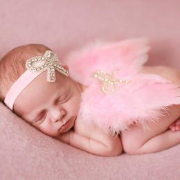 Newborn baby Feather Wing with Rhinestone bow headband Photography Props Set Infant Pretty Angel Fairy Pink White Costume Photo Prop