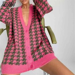 Women V Neck Knitted Cardigans Sweater Pink Houndstooth Knit Cardigan Long Sleeve Fashion Autumn Oversized Jumper 210914