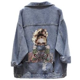 Women Denim Jacket Fashion Streetwear Letter Stylish Chic Printed Ripped Holes Jean Patchwork BF Style Jeans Female Coat 211112