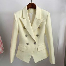 HIGH STREET est Classic Designer Blazer Women's Lion Buttons Double Breasted Slim Fit Textured Pastel yellow 211006