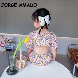 Korean Style Summer Kids Girls Dress Pink Blue Floral Open Waist Princess Children Cute Clothes E5022 210610