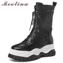 Meotina Winter Real Leather Motorcycle Boots Women Genuine Leather Flat Platform Ankle Boots Lace Up Round Toe Shoes Ladies Fall 210608