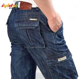 Men's Military Jeans Pants Workwear Multi-pockets Cargo Straight Motorcycle Denim Casual Biker Long Trousers 210716