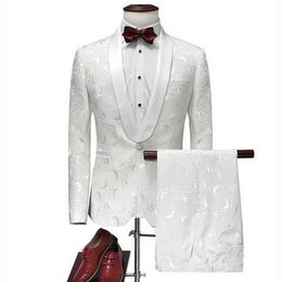 2020 Ivory White Men's Suits Groom Wedding Suit 2 Piece Set Formal Male Blazer Shawl Lapel Jacquard Tuxedo Slim Fit Jacket Pants X0909
