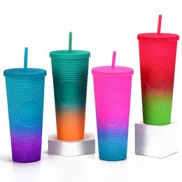 4 Gradient Colours 24oz Ombre Studded Tumblers with Straw Lid 710ml Double Walled Food Grade Plastic Cold Cups Diamond Durian Acrylic Water Bottles Custom Logos