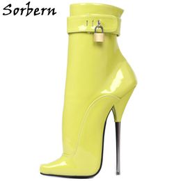 Sorbern Patent Yellow Ankle Boots Lockable Straps 18Cm Ballet Metal High Heels Pointy Toes Custom Colour Fetish Shoes