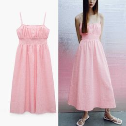 Za Pink Gingham Long Dress Women Smocked Elastic Pleated Elegant Party Dresses Sleeveless Straps Vintage Summer Dress 210602