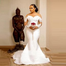 Aso Ebi Mermaid Wedding Dresses With Sheer Neck Illusion Long Sleeves Bridal Dress Lace Appliques Pearls vestido de noiva Sexy Backless African Bridal Gowns M442