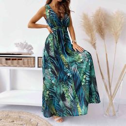 -Damen Sommer Langes Kleid Mode Blumendruck Tiefes V-Ausschnitt Halter Strap Bankett Hochzeit Gast Holiday Beach