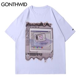 GONTHWID Tshirts Vintage Distressed Computer Window Print Tees Streetwear Hip Hop Casual Cotton T-Shirts Mens Short Sleeve Tops C0315
