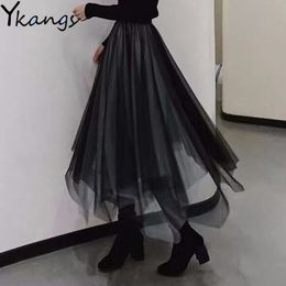 Gothic Black Tulle Patchwork Long Irregular Skirts Elastic High Waist A-Line Mesh Pleated Midi Skirts Vintage Punk Streetwear 210309