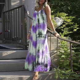 Summer Women Loose Maxi Dress Casual Sleeveless Tie dye Stripe Printed Long Bohemian Sling Female Beach Sundress Plus Size 210526