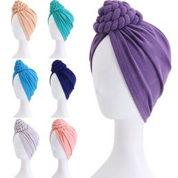 Muslim Ladies Knotted Turban Braided Soild Colour Top Knot Hijab Women Islamic Inner Hijab Caps Head Wraps Hat turbante Headdress