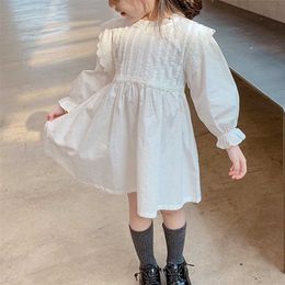 Girls Flower Solid Color Dress Autumn Sweet Long Sleeve Princess Dresses Size For 90-130 Children Kids Casual White Cute Clothes 211231