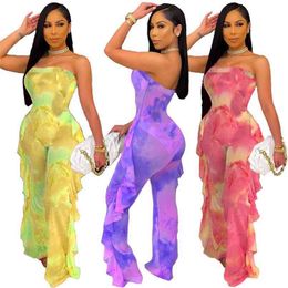 Women Sleeveless Rompers Tie-dye Beach Boho Casual Jumpsuit Summer Vacation High Street Romper Overalls Wide Leg Playsuits 210525
